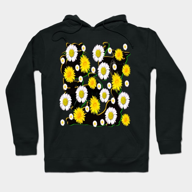 Black Cat green and yellow silhouette on top of wildflowers feelings pattern black cats  among dandelions And daisies floral bright flowers of spring and summer Hoodie by Artonmytee